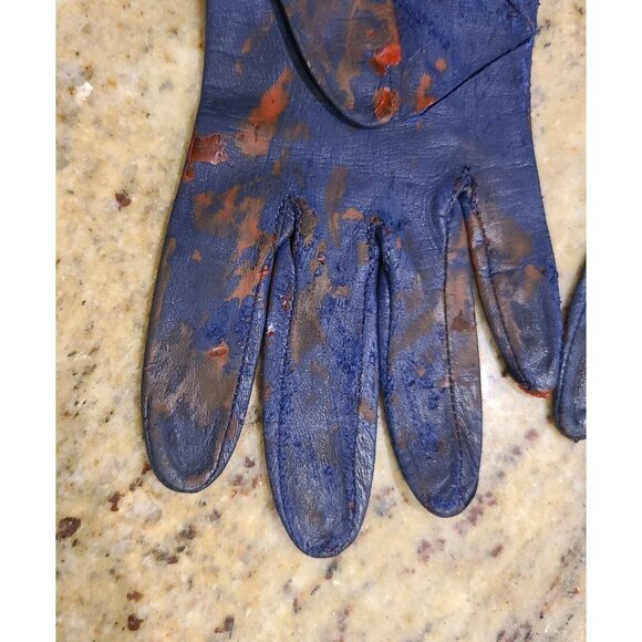 Vintage Size S Blue Leather Long Gloves Slashed Fake Bloody Slashed Zombie War - Picture 6 of 16